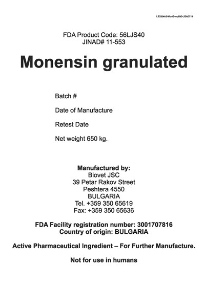 image description - Monensin Granulated Label 650kg USA vect0719